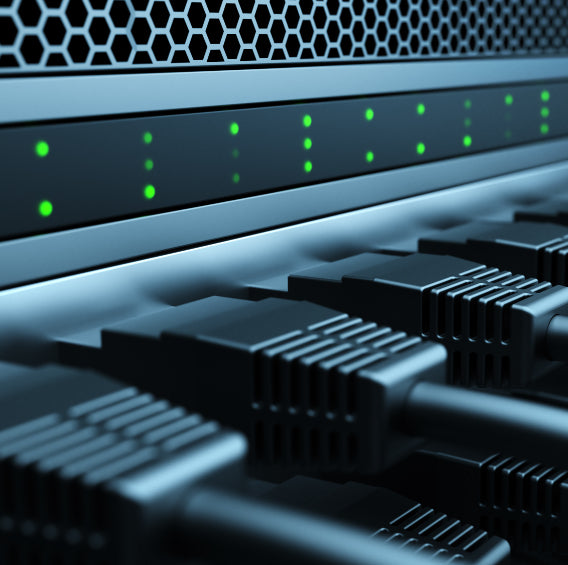 Series of plugs in the back of a server rack indicate power performance and energy usage options.