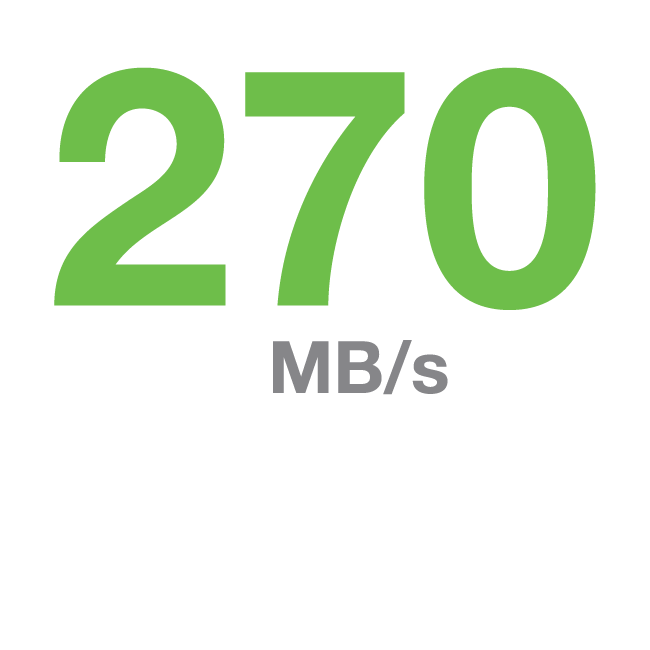 Two arrow icons point in opposite direction beneath 270MB/s, signifying the sustained data transfer rate of the Exos X18 hard drive.