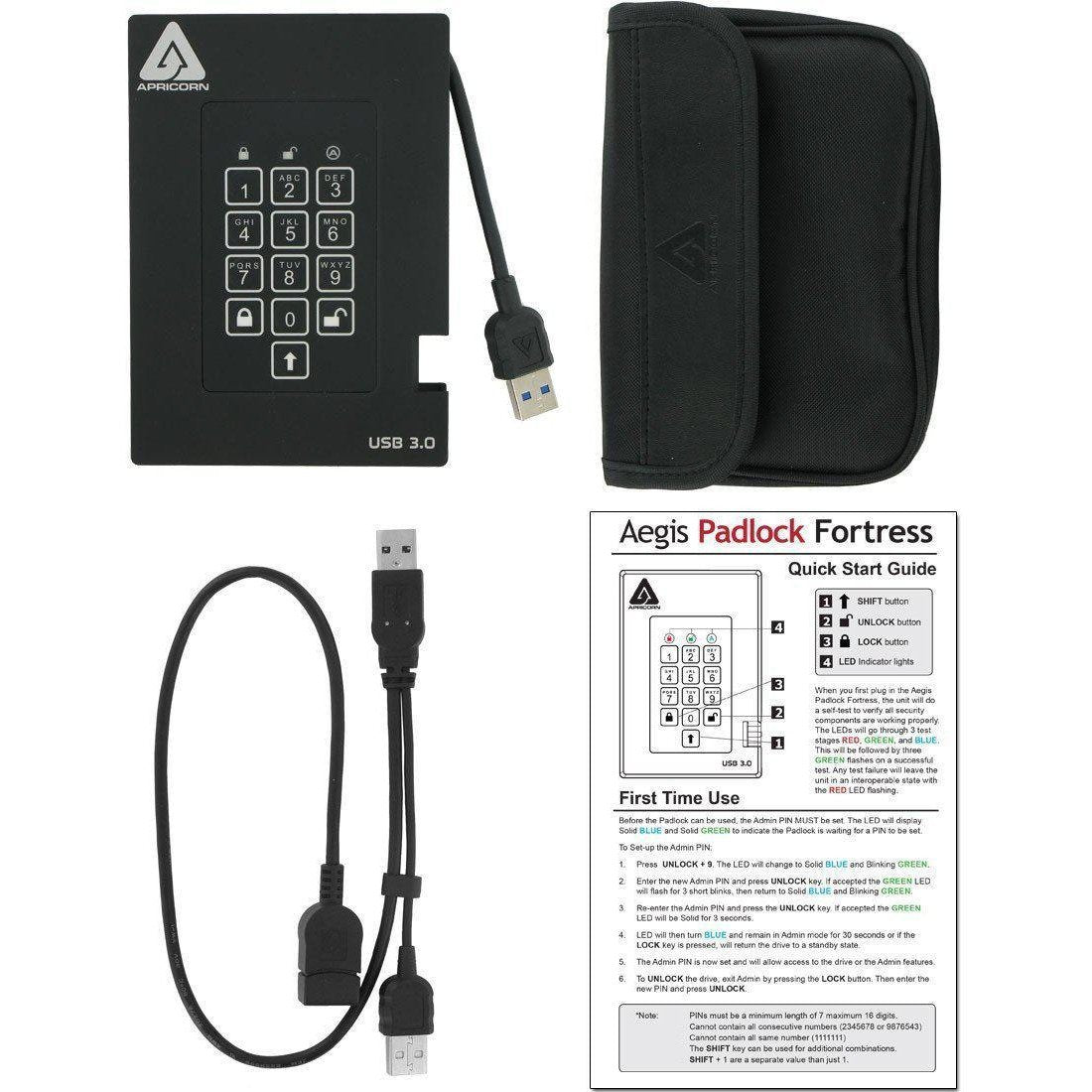 Apricorn Aegis Padlock Fortress FIPS 140-2 Level 2 Validated 256-bit Encrypted USB 3.0 Hard Drive with PIN Access, 1 TB - AloinfoUSA