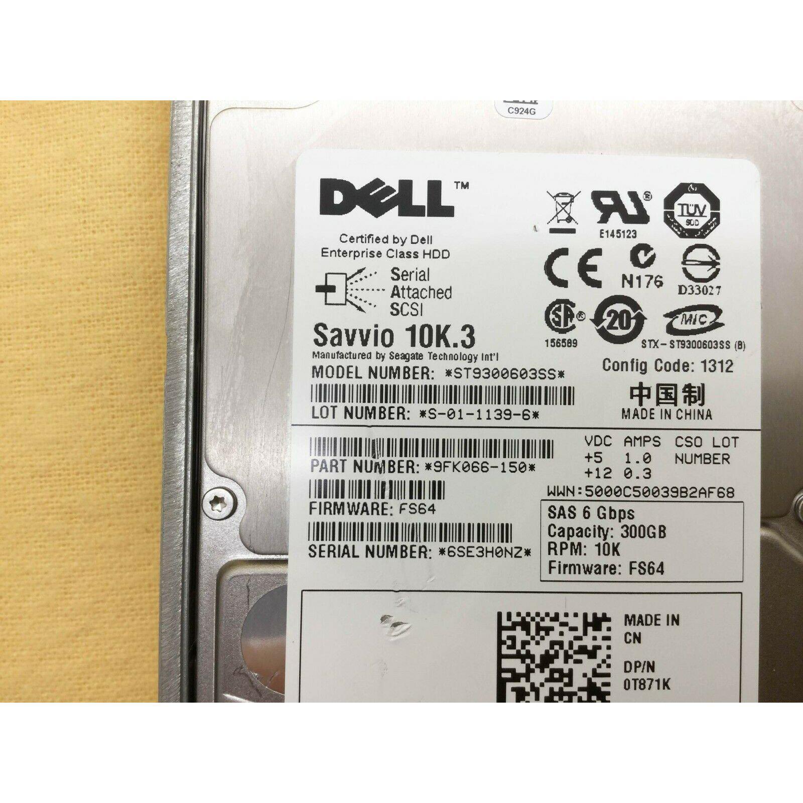 Dell T871K 0T871K DELL 300GB 10K 6G SFF SAS HDD ST9300603SS Seagate 700900353700 - AloinfoUSA