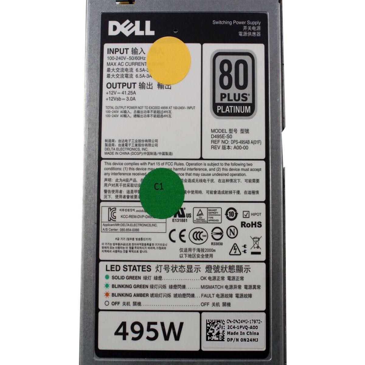 Fonte Dell 495W 80 Plus Platinum Power Supply T320 T420 T620 R620 D495E-S0 N24MJ 614486674527 - AloinfoUSA