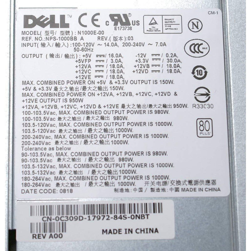 Genuine Dell 1000w 1KW H1000E JW124 C309D Power Supply Unit PSU Brick With Harness For Precision T7400 Systems Compatible Part Numbers: C309D, JW123, JW124 Compatible Model Numbers: NPS-100BBA, HP-1K0HC3w, H1000E, N1000E-00-FoxTI