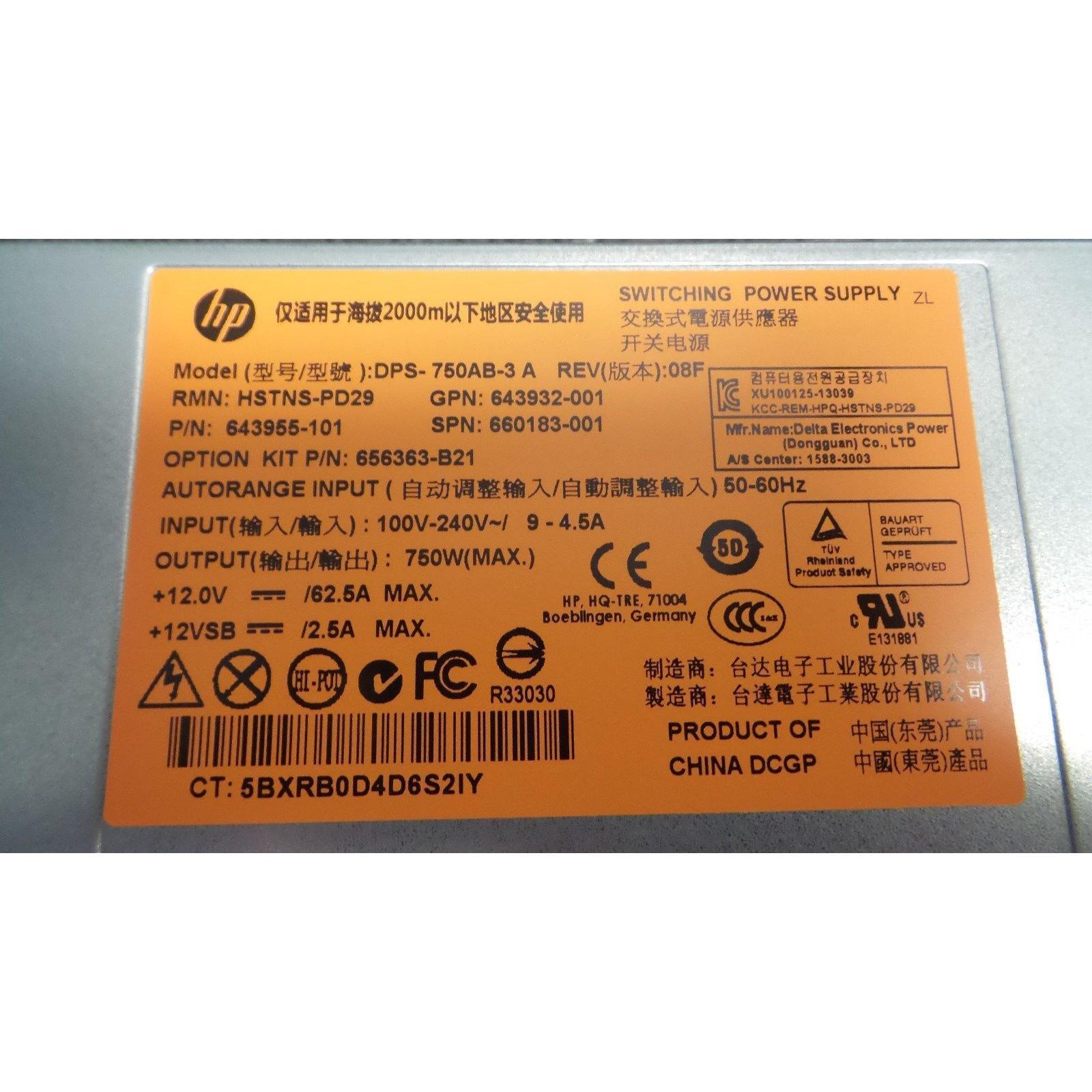 HP 660183-001 DL380p Gen8 750W PLATINUM PLUS POWER SUPPLY 643955-101 643932-001-FoxTI