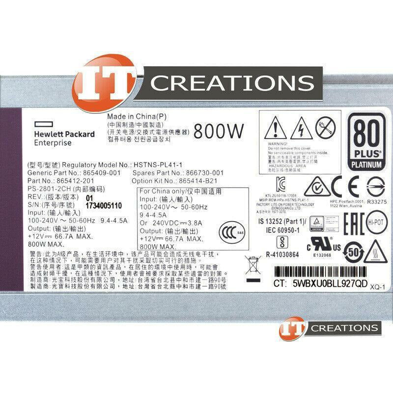 HP POWER SUPPLY 800W AC 100-240V PLATINUM FOR HPE DL360 DL380 GEN10 866730-001 - AloinfoUSA
