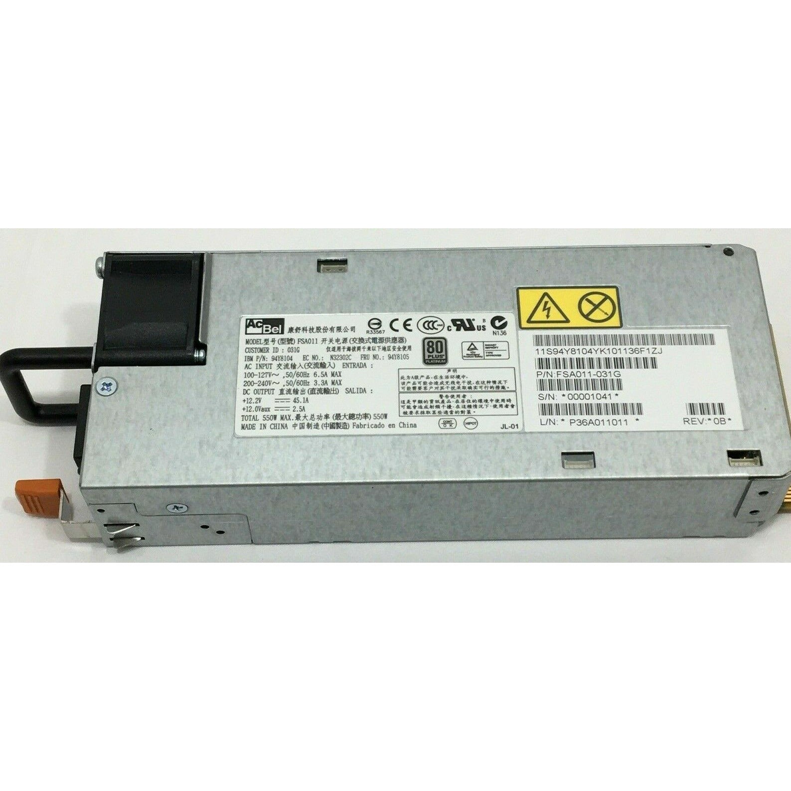 IBM 94Y8104 550W HIGH EFFICIENCY PLATINUM POWER SUPPLY 94Y8105 FSA011-031G - AloinfoUSA