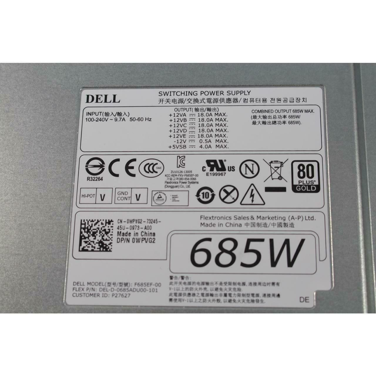 New Dell Precision T3610/T5610 685W F685EF-00 Switching Power Supply PSU WPVG2 705479980739 - AloinfoUSA