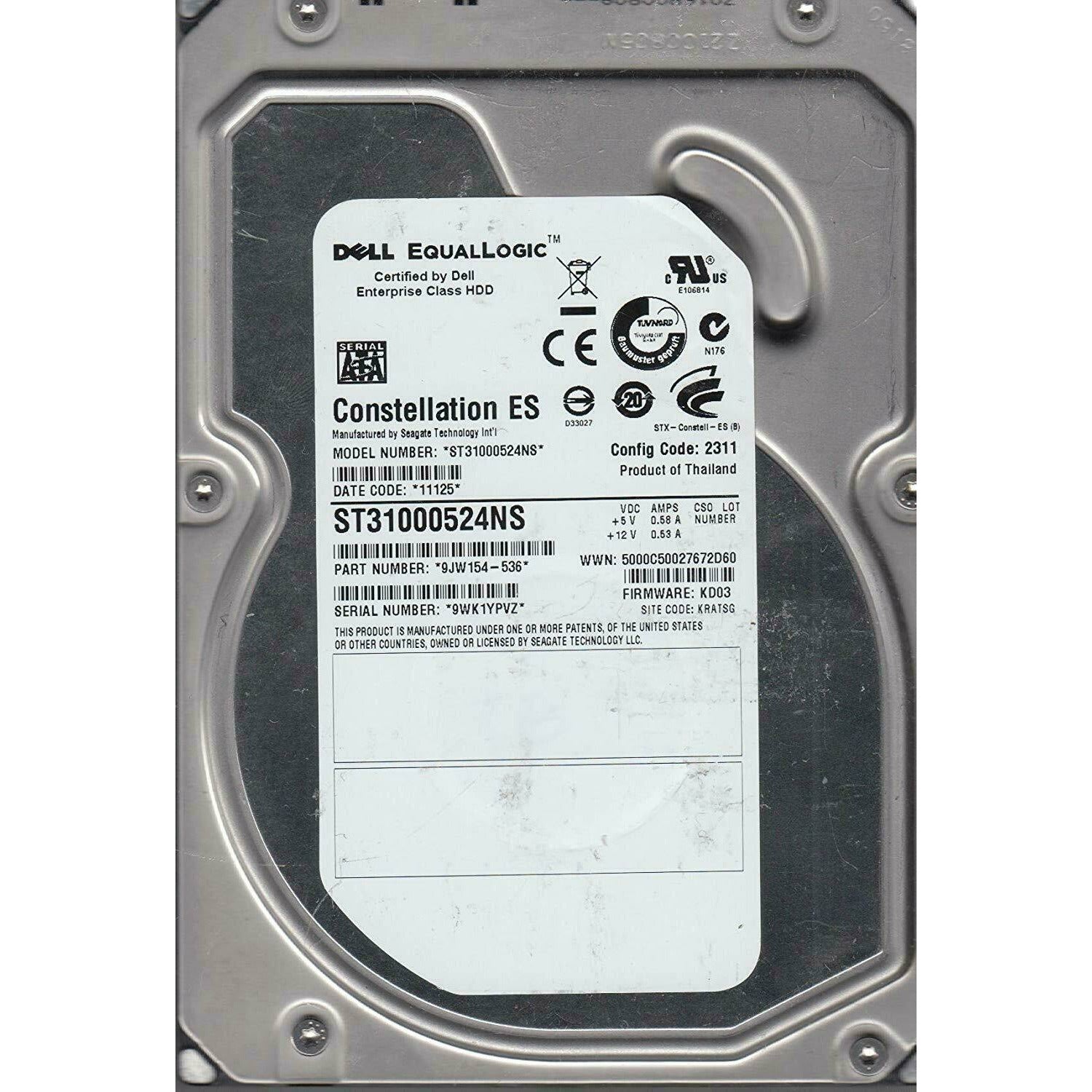 ST31000524NS, 9WK, KRATSG, PN 9JW154-536, FW KD03, Dell 1TB SATA 3.5 Hard Drive 763649027080 - AloinfoUSA